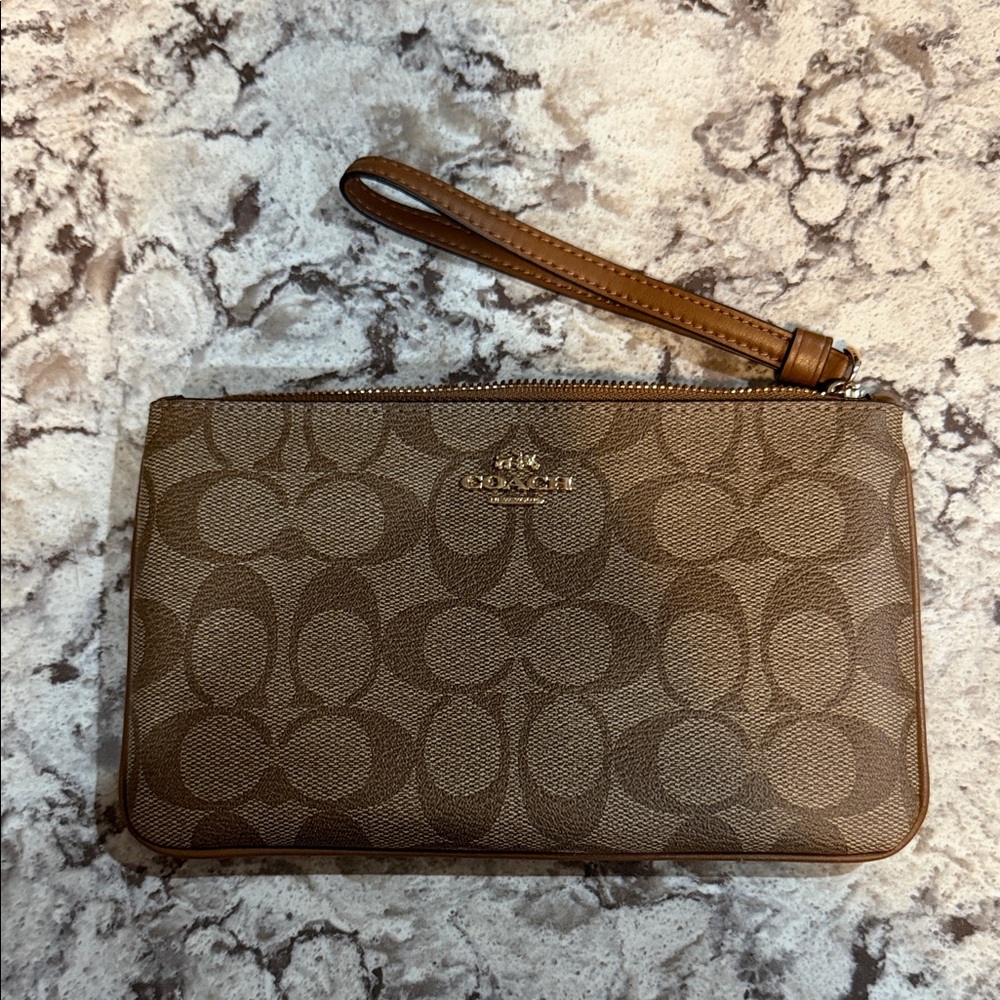 Coach Brown Signature Pattern Zip Wristlet